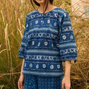 Anokhi Batwing Blouse in Blue Indigo Samand Cotton Top Size M/L